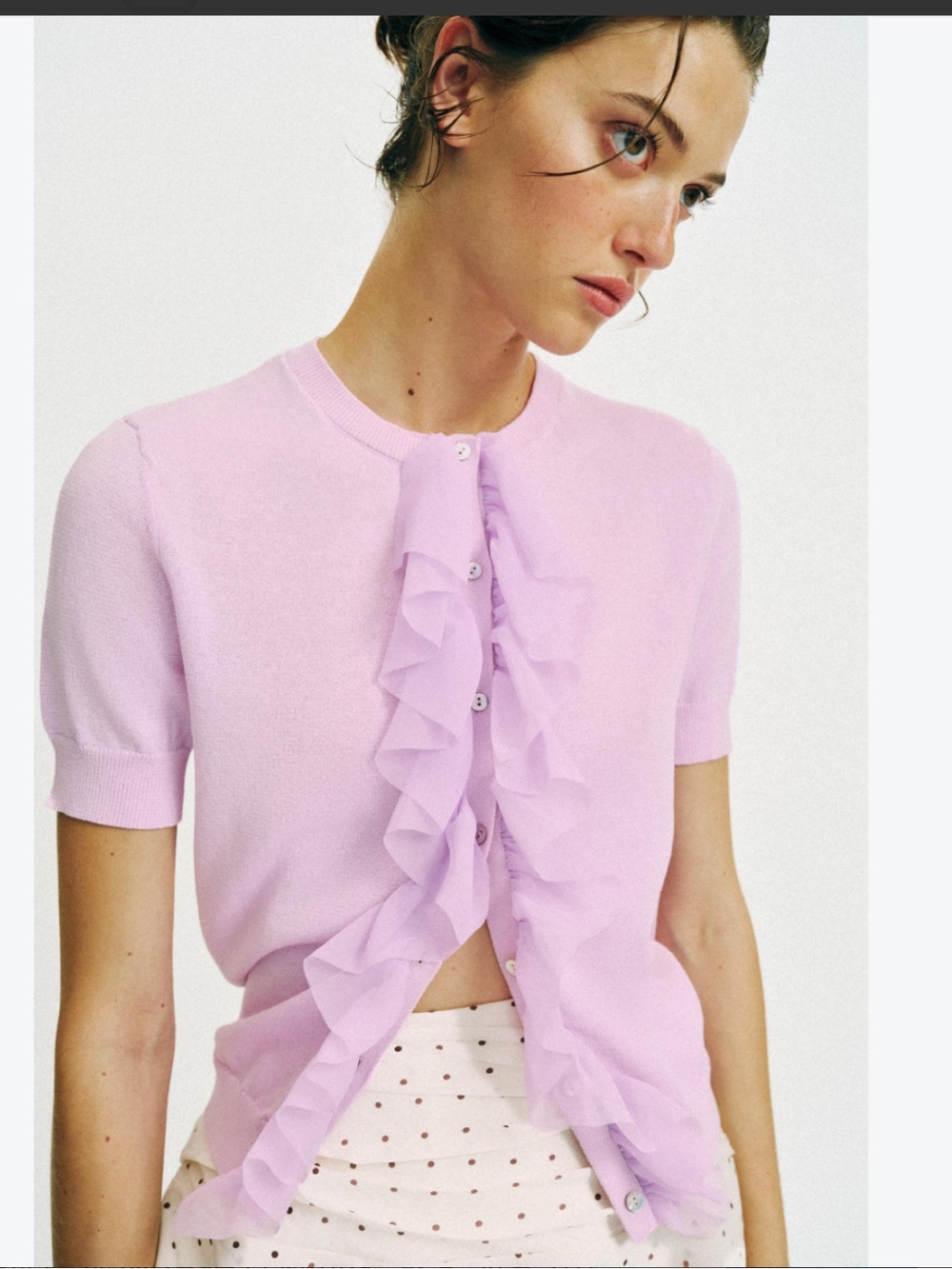 Zara Lilac Ruffle-Front Short Sleeve Cardigan
